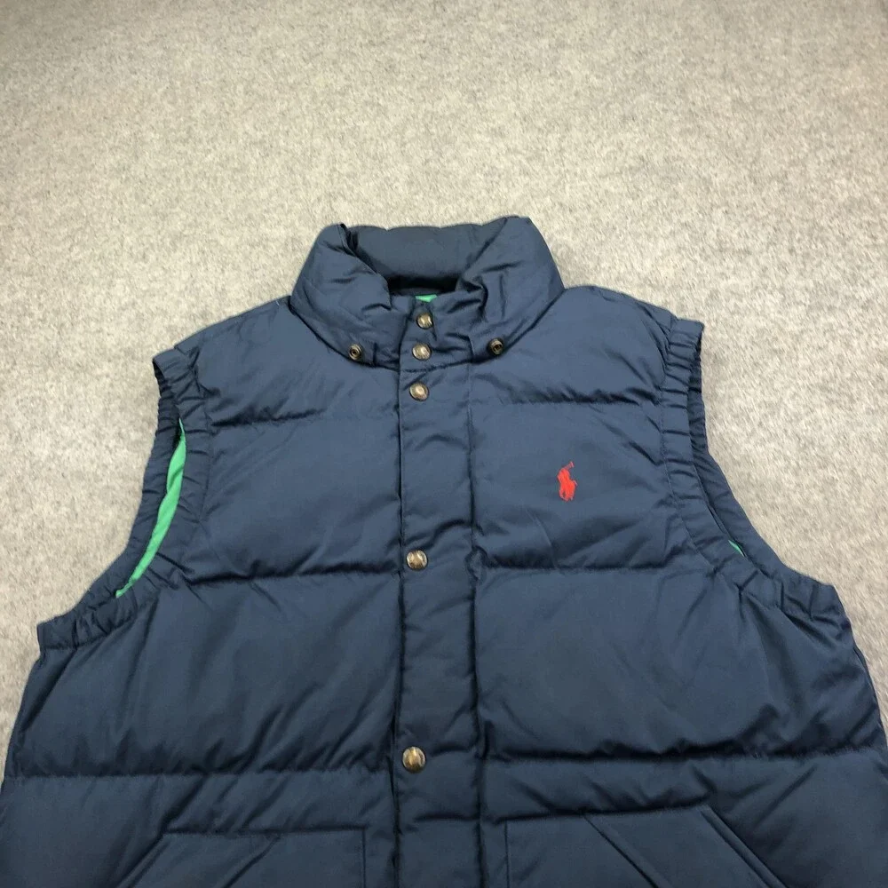 Polo Ralph Lauren Vest Mens Medium Blue Nylon Puffer Snap Front Lined Outdoor